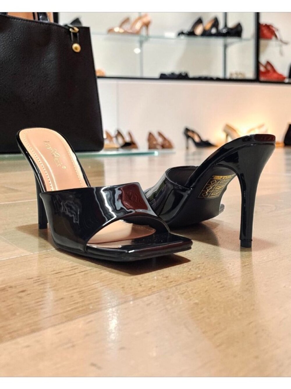 Black Patent Leather Open-Toe High Heel Mules For Women - Elegant Slip-On Design